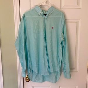 Turquoise/sky blue long sleeve, button down.